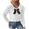 thumbnail image 1 of ZUKMRJPC Women V Neck Knitted Sweater Long Sleeve Cute Bow Tie Lapel Solid Color Pullover Sweater Fall Casual Knit Cropped Tops, 1 of 6
