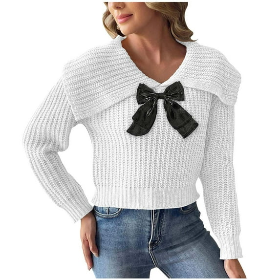ZUKMRJPC Women V Neck Knitted Sweater Long Sleeve Cute Bow Tie Lapel Solid Color Pullover Sweater Fall Casual Knit Cropped Tops