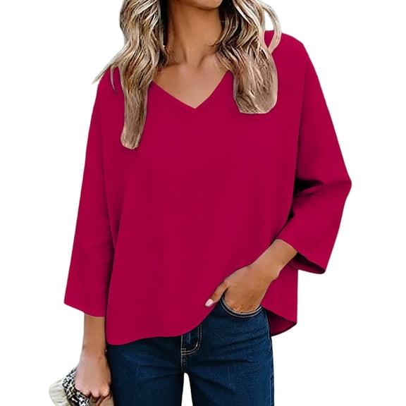 ZUKMRJPC Women's 3/4 Sleeve Shirts Oversize V Neck Solid Color Casual Lightweight T Shirts Loose Fit Breathable Summer Basic Tees
