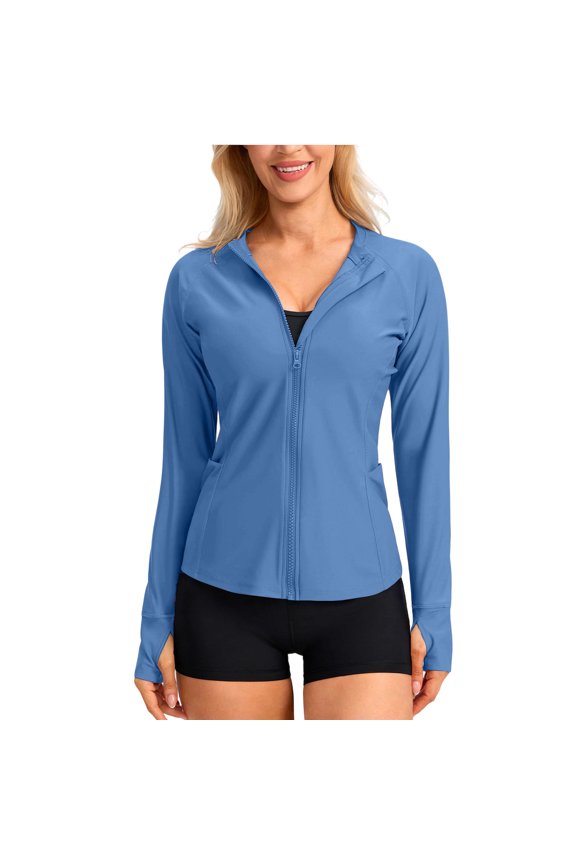 Women's Athletic Jackets Long Sleeve Lightweight Sun Protection Shirts Full Zip Slim Fitted Workout Hiking Jacket with Pockets