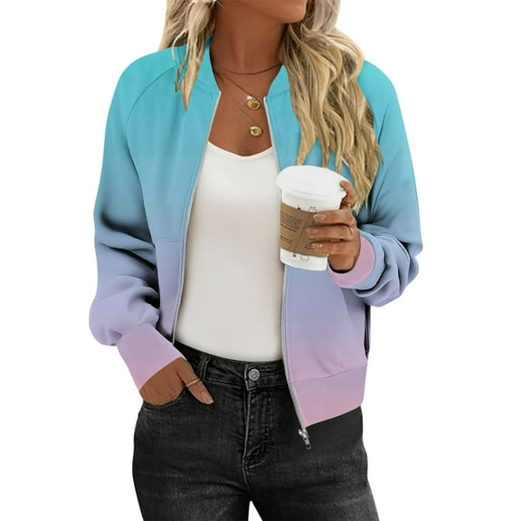 ZUKMRJPC Women's Bomber Jacket Full Zip Stand Collar Gradient Color Outwear Fall Fashion Lightweight Slim Fit Jacket with Pockets