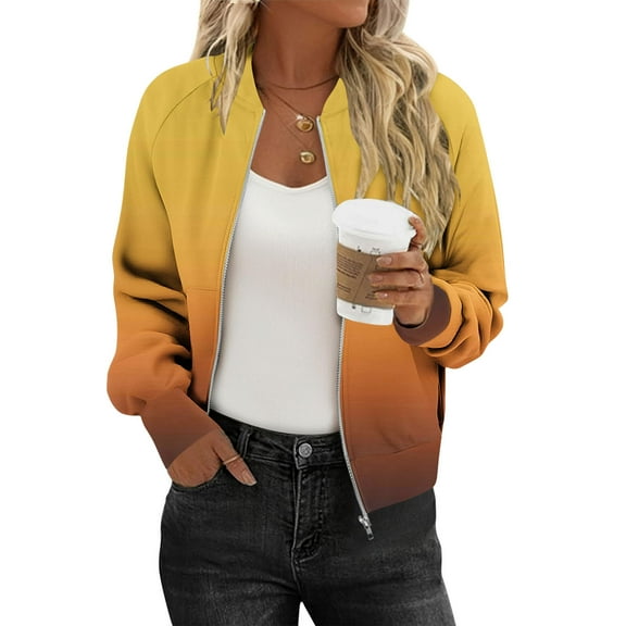 ZUKMRJPC Women's Bomber Jacket Full Zip Stand Collar Gradient Color Outwear Fall Fashion Lightweight Slim Fit Jacket with Pockets