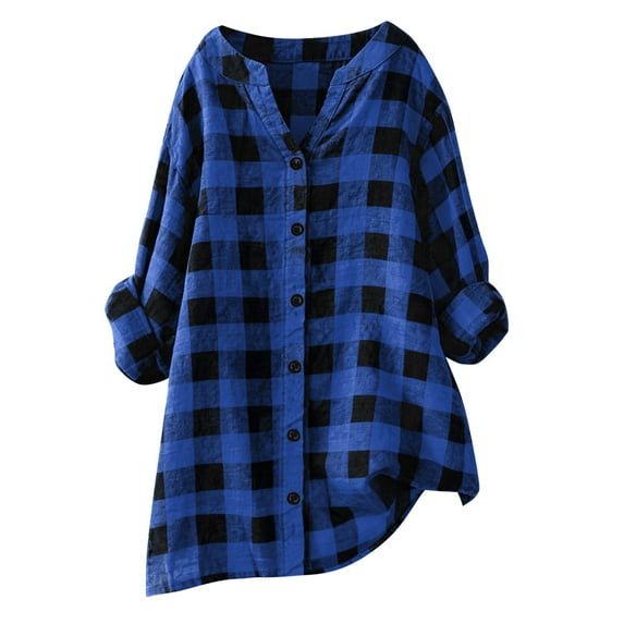 ZUKMRJPC Women's Button Down Shirts Roll Up Long Sleeve Fashion Vintage Plaid V Neck Shirts Casual Lightweight Loose Maternity Tops