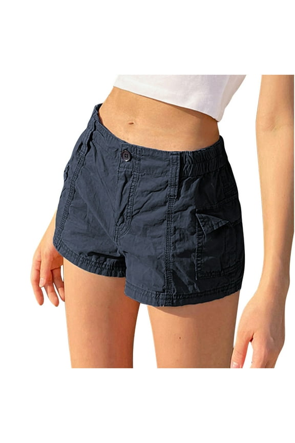 Women's Cargo Shorts with Elastic Waist, Low Rise, Pockets - Y2k Egirls Slim Fitted Vintage Harajuku Streetwear on Clearance