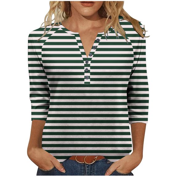 ZUKMRJPC Women's Casual 3/4 Sleeve T-Shirts Button V Neck Tunic Striped Shirts Loose Fit Comfortable Cotton Basic Tee Tops