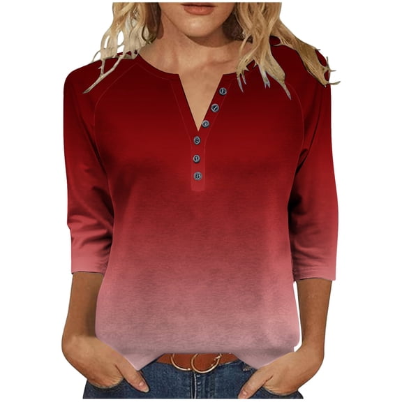 ZUKMRJPC Women's Casual 3/4 Sleeve T Shirts Gradient Color Button V Neck Tunic Shirts Loose Fit Comfortable Cotton Basic Tee Tops