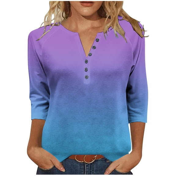 ZUKMRJPC Women's Casual 3/4 Sleeve T Shirts Gradient Color Button V Neck Tunic Shirts Loose Fit Comfortable Cotton Basic Tee Tops