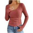 thumbnail image 1 of ZUKMRJPC Women's Casual V-Neck Shirts Long Sleeve Soft Comfy Solid Color Pullover Sweater Fall Fashion Slim Fit Knit Tops, 1 of 4