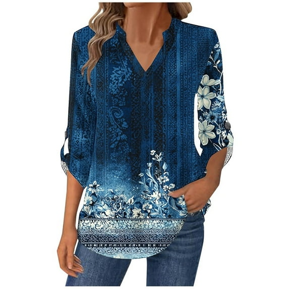 ZUKMRJPC Women's Casual V-Neck Shirts Roll Up Long Sleeve Slim Fit Fashion Printing Pullover Tops Soft Cotton Comfy Lightweight Shirts