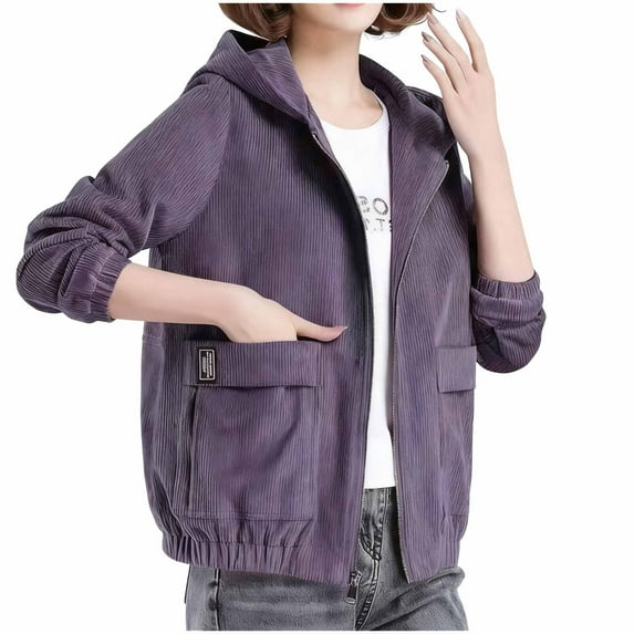 ZUKMRJPC Women's Corduroy Jacket Full Zipper Long Sleeve Casual Hooded Shirt Jackets Fall Trendy Loose Solid Color Outwear with Pockets