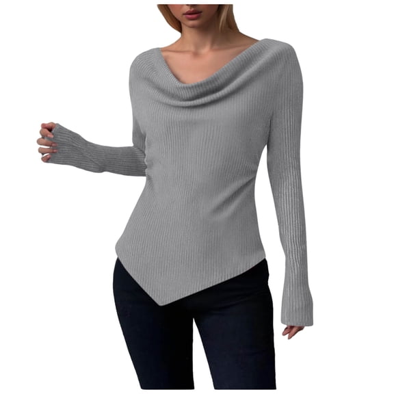ZUKMRJPC Women's Cowl Neck Tunic Sweaters Casual Long Sleeve Pullover Sweater Trendy Slim Fit Asymmetrical Hem Knitwear Tops