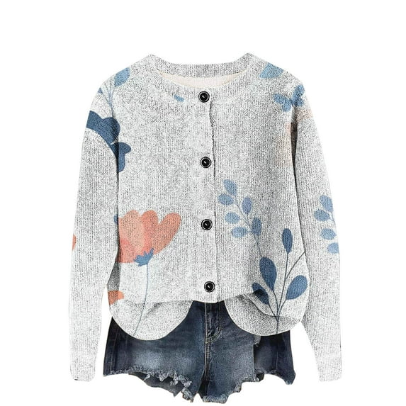 ZUKMRJPC Women's Crewneck Cardigan Sweater Long Sleeved Cute Flower Print Casual Lightweight Sweater Fall Soft Button Up Knit Tops
