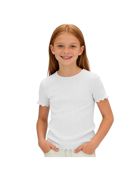 Girls Teen Cute Lettuce Trim Tshirts Ribbed Short Sleeve Textured Blouse Tops Kids Casual Wave Edge Tunic for Daily Wear 5-16Years