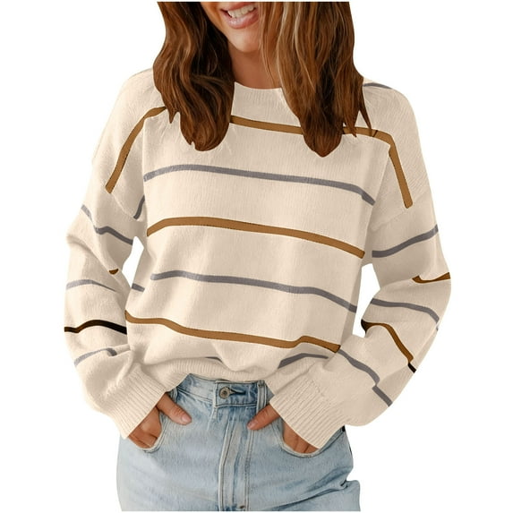 ZUKMRJPC Women's Crewneck Stripes Sweaters Long Sleeve Casual Regular Fit Lightweight Pullover Sweater Fall Winter Warm Cozy Basic Knit Tops