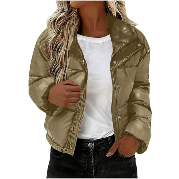 ZUKMRJPC Women's Cropped Puffer Jackets Full Zip Stand Collar Solid Color Cotton Padded Coats Winter Warm Trendy Bread Coats with Pockets