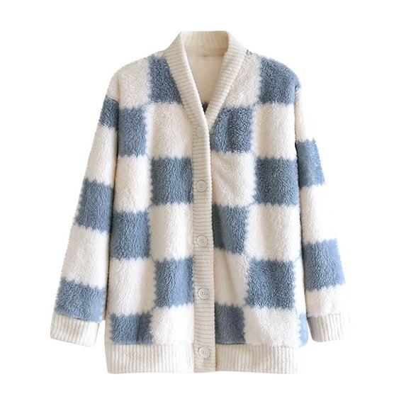 ZUKMRJPC Women's Cute Flannel Plaid Jacket V Neck Button Down Fleece Sleepwear Winter Loose Warm Cozy Pajama Homewear Tops