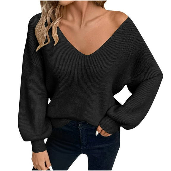 ZUKMRJPC Women's Deep V Neck Sweater Long Sleeve Casual Loose Fit Pullover Sweaters Fall Soft Cozy Knitwear with Cute Bow Tie on The Back