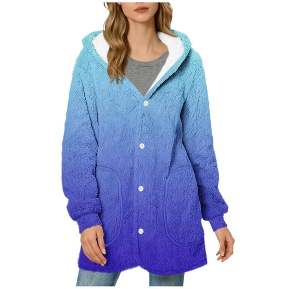 ZUKMRJPC Women's Double-Side Fleece Jacket Long Sleeve Fashion Gradient Color Button Down Hoodies Winter Casual Warm Outerwear with Pocket