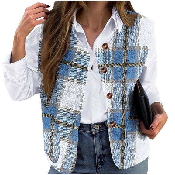 ZUKMRJPC Women's Flannel Vest Fall Fashion V Neck Color Block Sleeveless Shirt Jacket Casual Button Down Outerwear Vests with Pockets