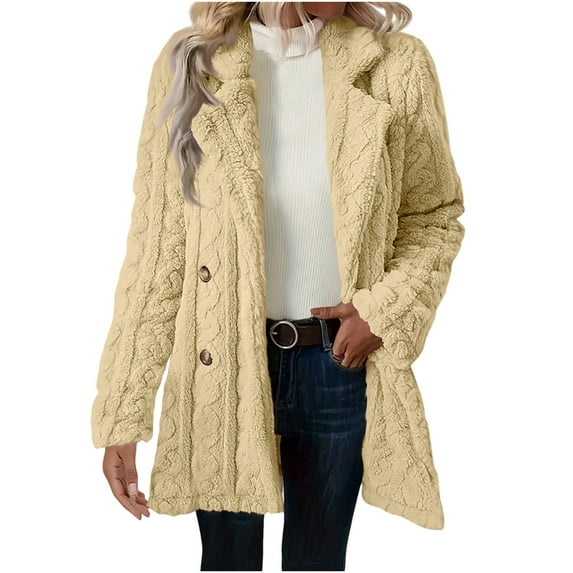 ZUKMRJPC Women's Fleece Jackets Double Breasted Lapel Open Front Long Cardigan Fall Winter Warm Comfy Solid Color Outwear Coats