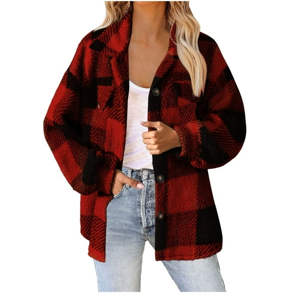 ZUKMRJPC Women's Fleece Shirt Jacket Lapel Plaid Button Down Long Sleeve Shirts Fall Winter Warm Trendy Loose Fleece Outwear with Pocket