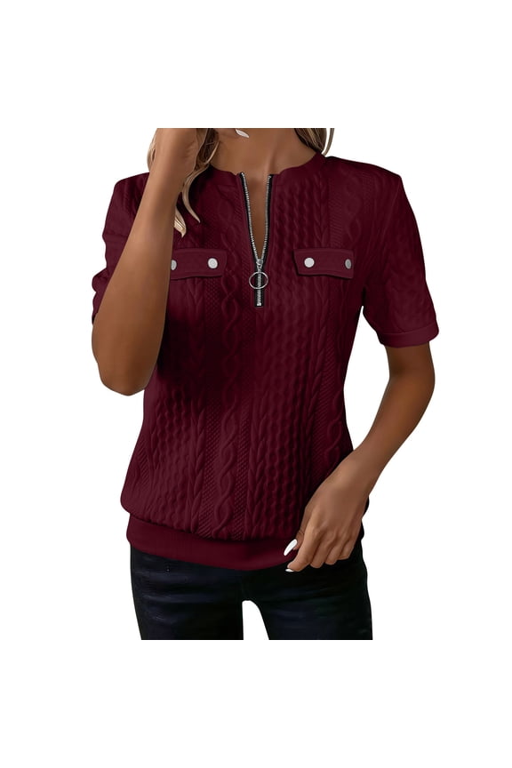 Women's Half Zip Quilted Sweatshirts Crewneck Short Sleeve Pullover Tops Solid Color Textured 2026 Fashion Summer Tops