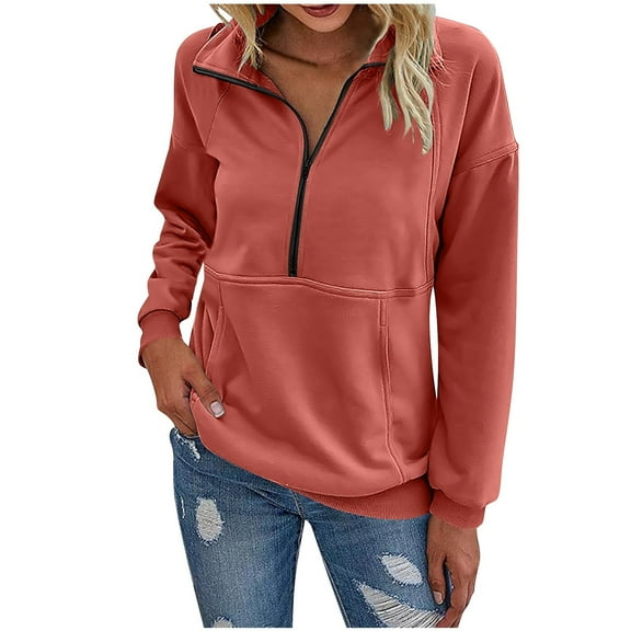 ZUKMRJPC Women's Half Zip Sweatshirts Casual Long Sleeve Fleece Lined Stand Collar Pullover Solid Color Warm Comfy Tops with Pocket