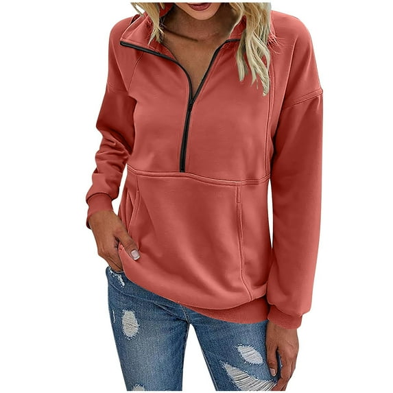 ZUKMRJPC Women's Half Zip Sweatshirts Casual Long Sleeve Fleece Lined Stand Collar Pullover Solid Color Warm Comfy Tops with Pocket