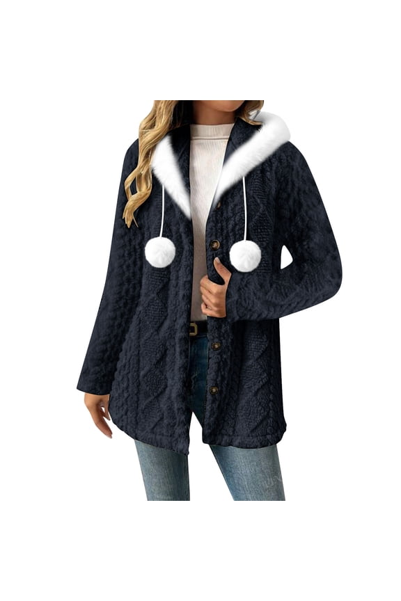 Women's Hooded Cardigan Solid Color Chunky Knitted Button Down Outwear Warm Faux Fur Collar Drawstring Jacket with pom-poms