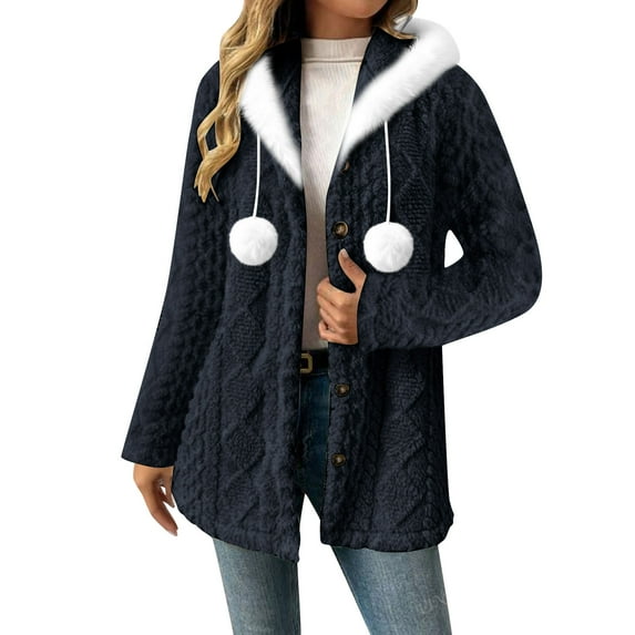 ZUKMRJPC Women's Hooded Cardigan Solid Color Chunky Knitted Button Down Outwear Warm Faux Fur Collar Drawstring Jacket with pom-poms