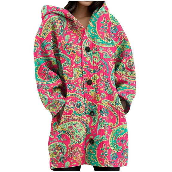 ZUKMRJPC Women's Long Cardigan Sweater Long Sleeve Fashion Printing Buttons Down Hooded Cardigan Winter Warm Thick Knitted Sweater Coats