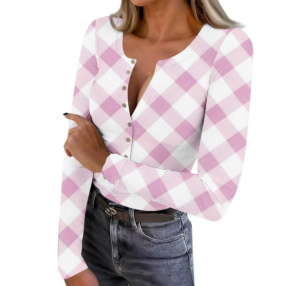 ZUKMRJPC Women's Long Sleeve Knit Shirts Fashion Vintage Plaid Slim Fit Pullover Tees Casual Trendy Button Down V Neck T Shirt
