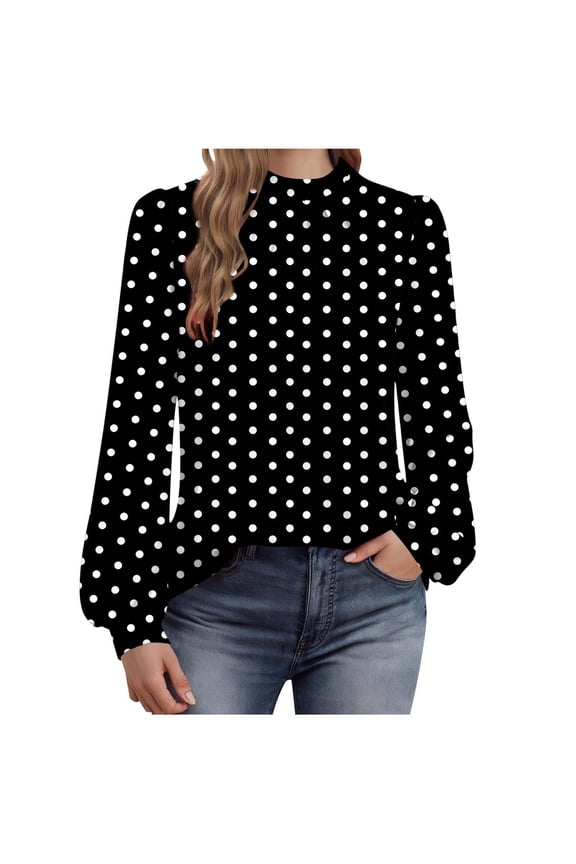 Women's Long Sleeve Tops Fashion Wave point Mock Neck Slim Fit Casual Work Blouse Fall Trendy Front Pleated Tunic Shirts