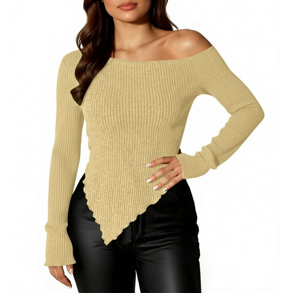ZUKMRJPC Women's Off Shoulder Sweater Casual Long Sleeve Asymmetrical Hem Knitted Pullover Tee Fall Fashion Slim Fit Tops