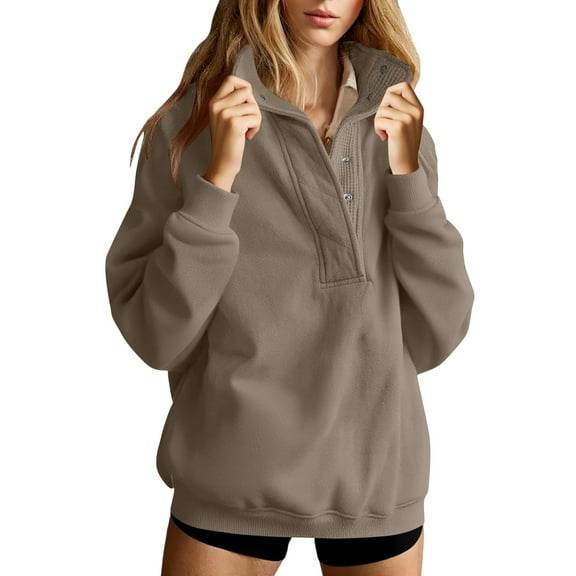 ZUKMRJPC Women's Oversized Sweatshirts Casual Loose Button Up Lapel Fleece Lined Long Sleeve Pullover Sweatshirt Fall Fashion Solid Color Basic Tops
