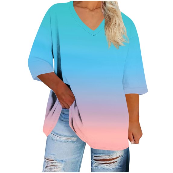 ZUKMRJPC Women's Plus Size Tops 3/4 Sleeve Fashion Gradient Color Basic T-Shirts Summer Casual Lightweight Loose Fit Tunic Shirt