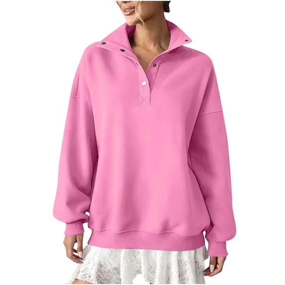 ZUKMRJPC Women's Quarter Button Sweatshirts Long Sleeve Solid Color Fleece Lined Pullover Casual Loose Fit Warm Lightweight Lapel Tops