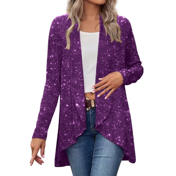 ZUKMRJPC Women's Sequin Cardigans Trendy Long Sleeve Asymmetrical Hem Solid Color Shiny Open Front Jackets Fashion Glitter Outwear