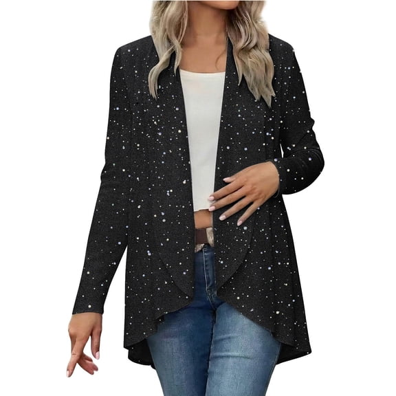 ZUKMRJPC Women's Sequin Cardigans Trendy Long Sleeve Asymmetrical Hem Solid Color Shiny Open Front Jackets Fashion Glitter Outwear