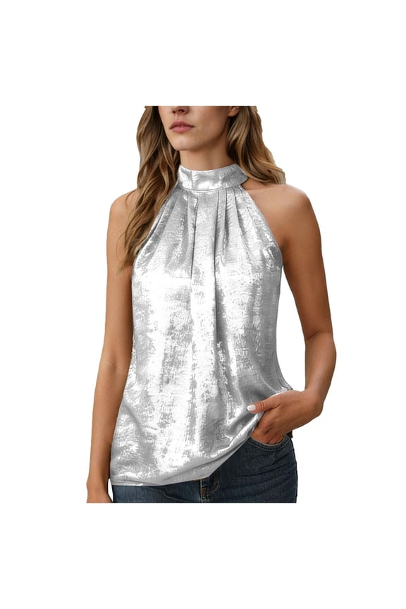 Women's Sequin Halter Tank Top Solid Color Sleeveless Mock Neck Party Blouse Trendy Elegant Club Disco Tops