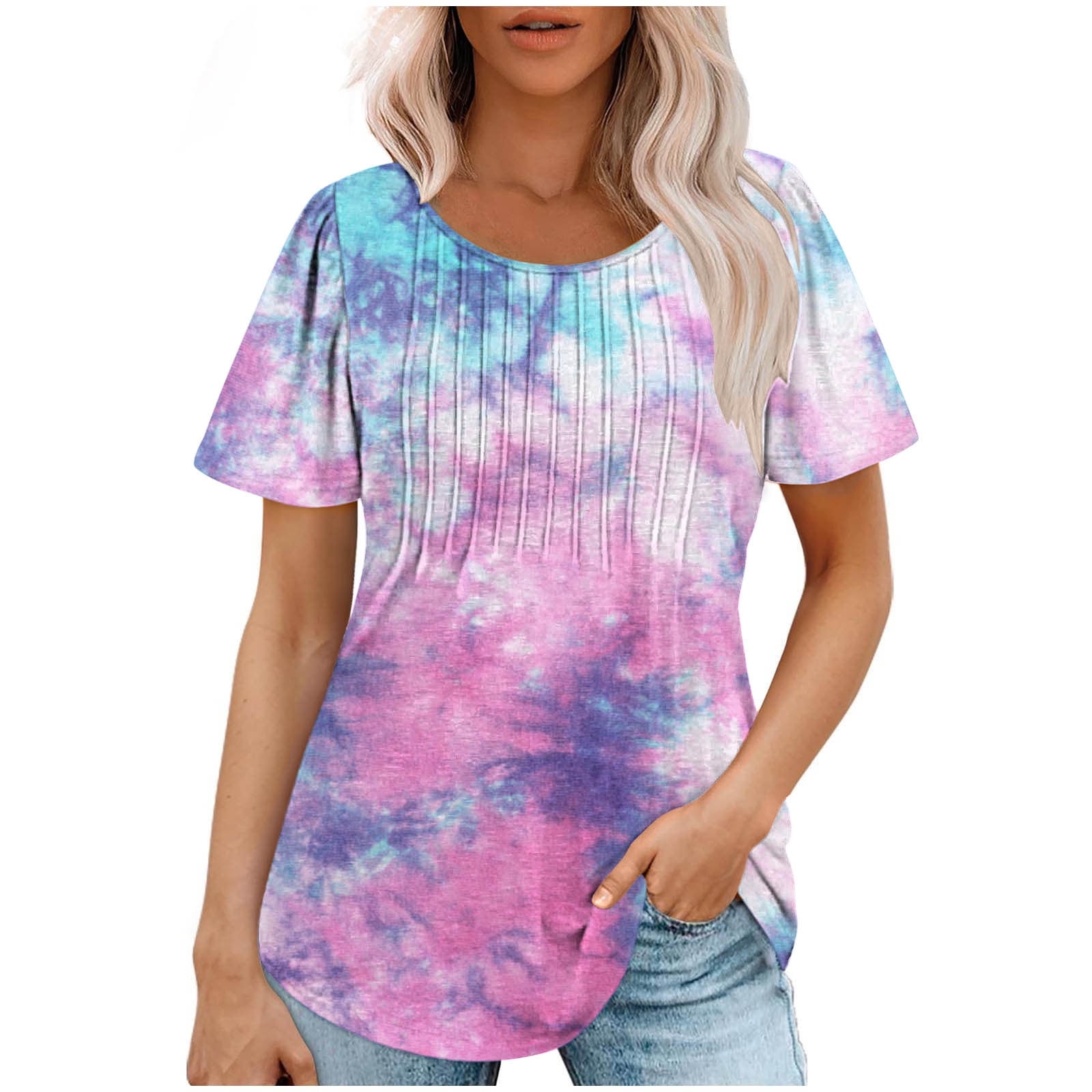 ZUKMRJPC Women's Short Sleeve Clothes Hide Belly Fat Ombre Round Neck