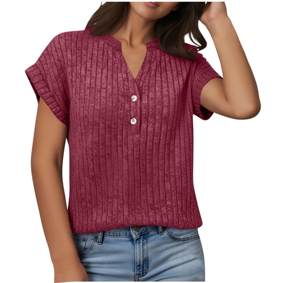 ZUKMRJPC Women's Short Sleeve V Neck T Shirts Casual Button Down Knitted Textured Summer Tops Solid Color Soft Comfy Basic Tees