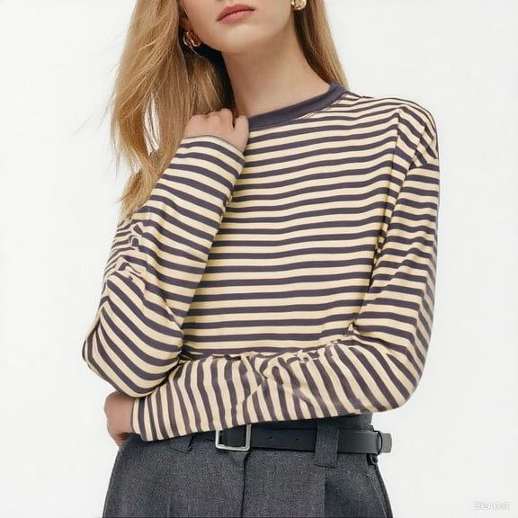 ZUKMRJPC Women's Stripe Shirts Casual Long Sleeve Crewneck Loose Fit Pullover Tees Fall Lightweight Comfy Basic Cotton Tops