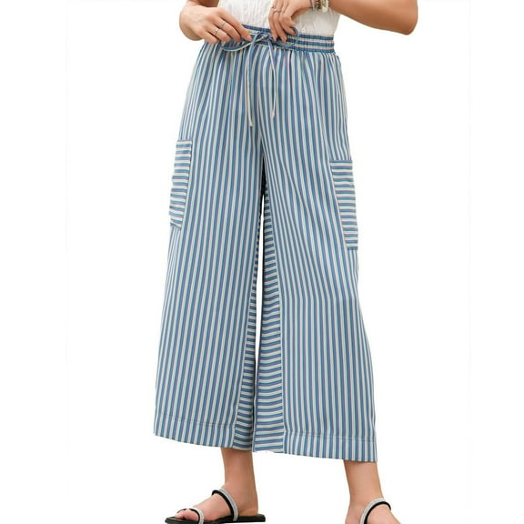 ZUKMRJPC Women's Stripes Lounge Trousers Elastic High Waisted Drawstring Baggy Wide Leg Pants Casual Cozy Sweatpants with Pockets