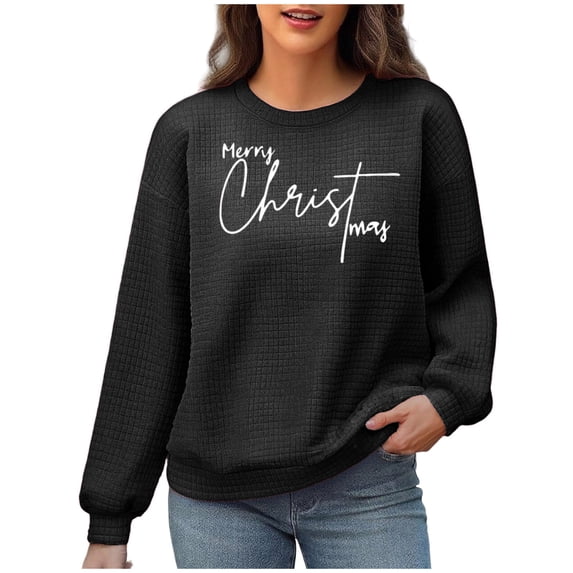 ZUKMRJPC Women's Sweatshirt Crewneck Fashion Merry Christmas Print Long Sleeve Pullover Sweatshirt Fall Loose Solid Color Textured Tops