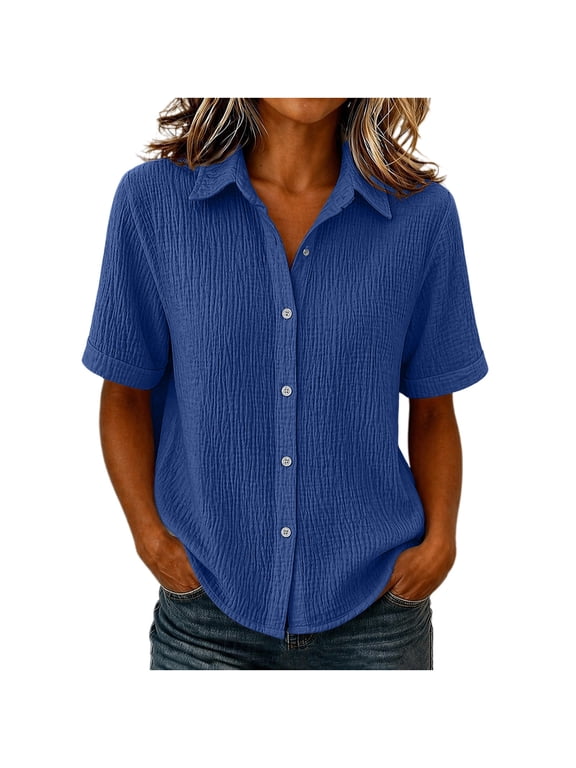 Women's Textured Button Down Shirts 2026 Summer Fashion Pleated Short Sleeve Tops Gauzy Lapel Tunic Business Casual Blouse