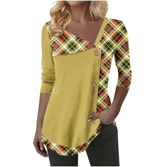 ZUKMRJPC Women's Tunic Tops Long Sleeve V Neck Patchwork Plaid Asymmetric Button T Shirts Fall Slim Fit Trendy Lightweight Tops