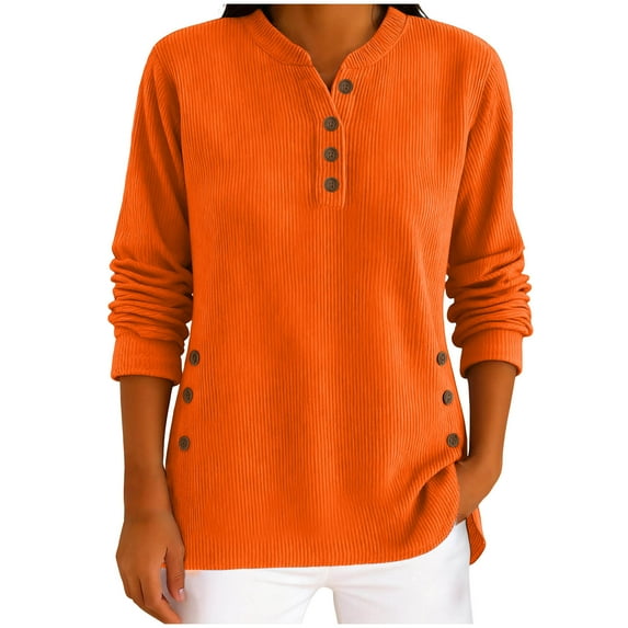 ZUKMRJPC Women's V Neck Button Long Sleeve Shirts Solid Color Fashion Cute Corduroy Pullover Sweatshirt Casual Lightweight Spring Tops