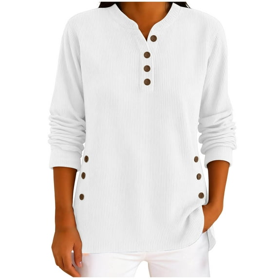 ZUKMRJPC Women's V Neck Button Long Sleeve Shirts Solid Color Fashion Cute Corduroy Pullover Sweatshirt Casual Lightweight Spring Tops