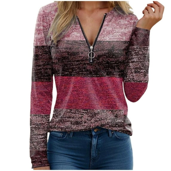 ZUKMRJPC Women's V-Neck Shirts 1/4 Zipper Long Sleeve Patchwork Color Block Slim Fit Pullover Tops Lightweight Casual Fashion Tops